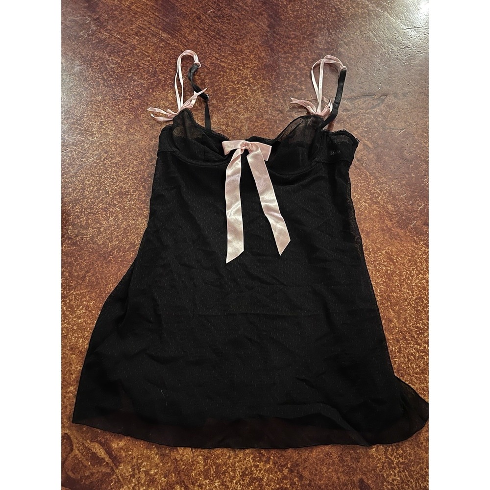 Morgan Taylor Fantasies Black Mesh Swiss Dot Babydoll Chemise Pink Bows Small